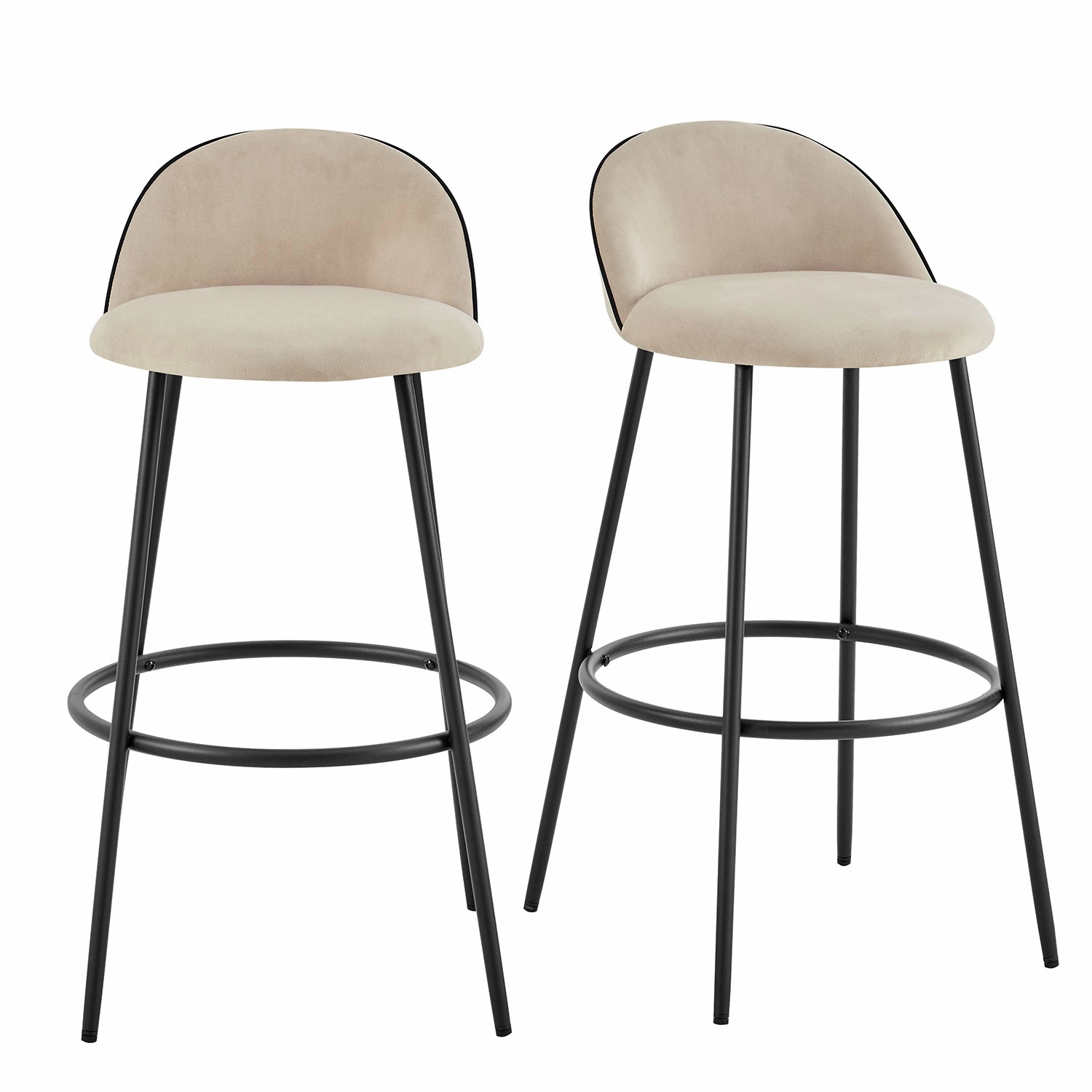 Barton Set of 2 Champagne Velvet Upholstered Bar Stools with Contrast Piping