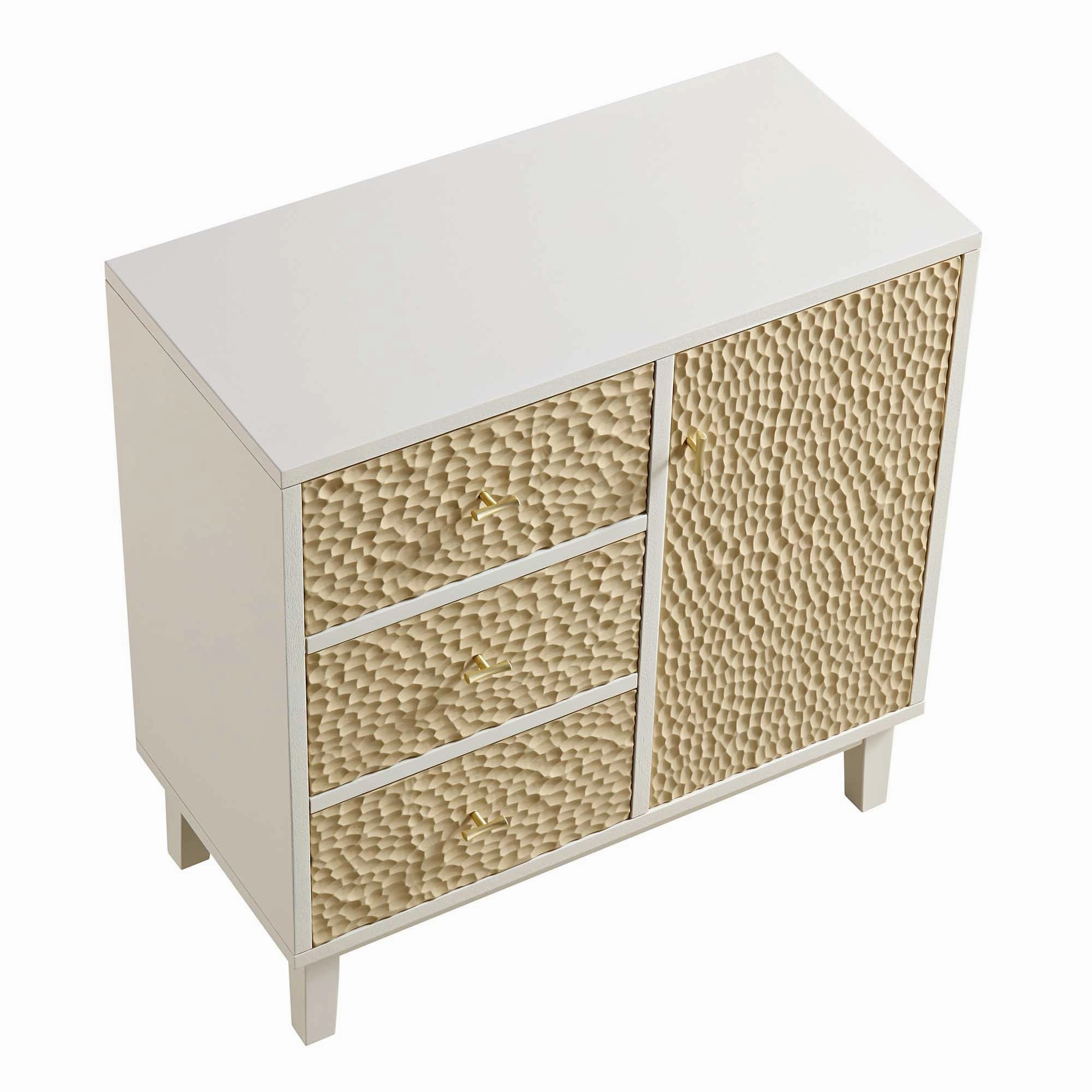 Bianca Chip Carved 1 Door 3 Drawer Small Sideboard, Sand Beige & Ivory