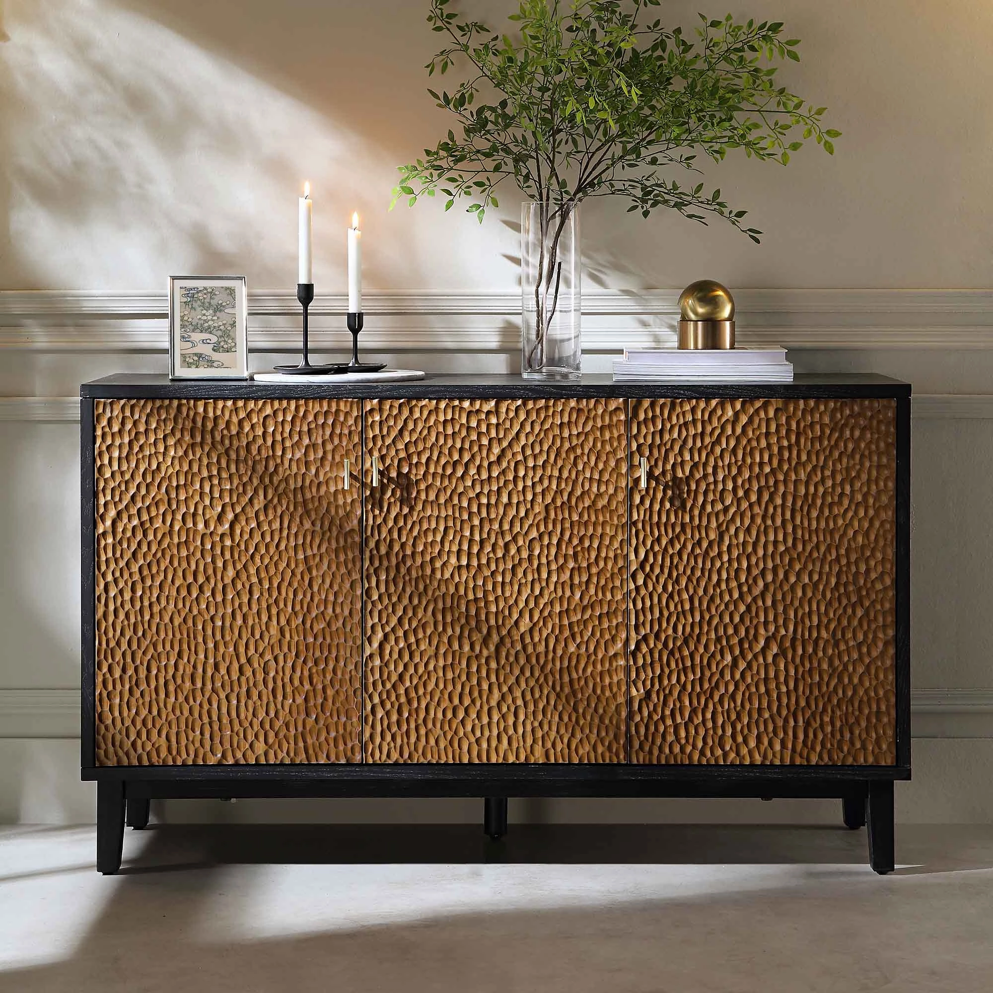 Bianca Chip Carved 3 Door Sideboard, Antique Bronze & Black
