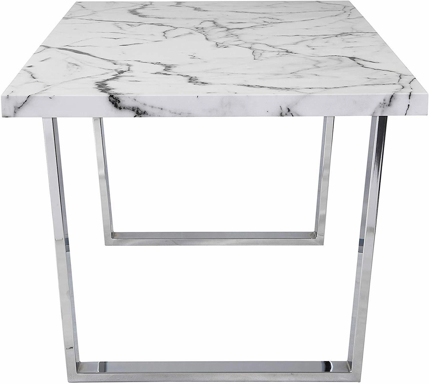 BIASCA 6-Seater High Gloss Marble Effect Dining Table with Silver Chrome Legs White