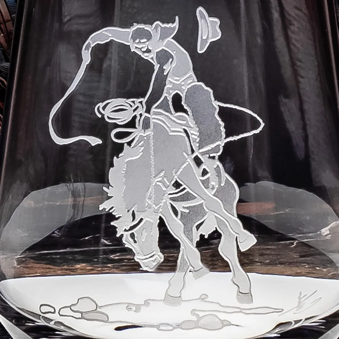 Bronc Rider Sand Carved Stemless Wine Glasses