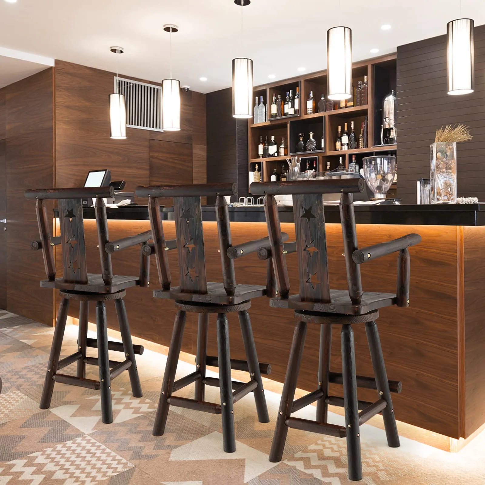 Brown Bar Stool, 29 Solid Fir Wood Bar Chair with Footrest, Decorative Star Backrest, Wide Armrest, Rustic Kitchen Stool