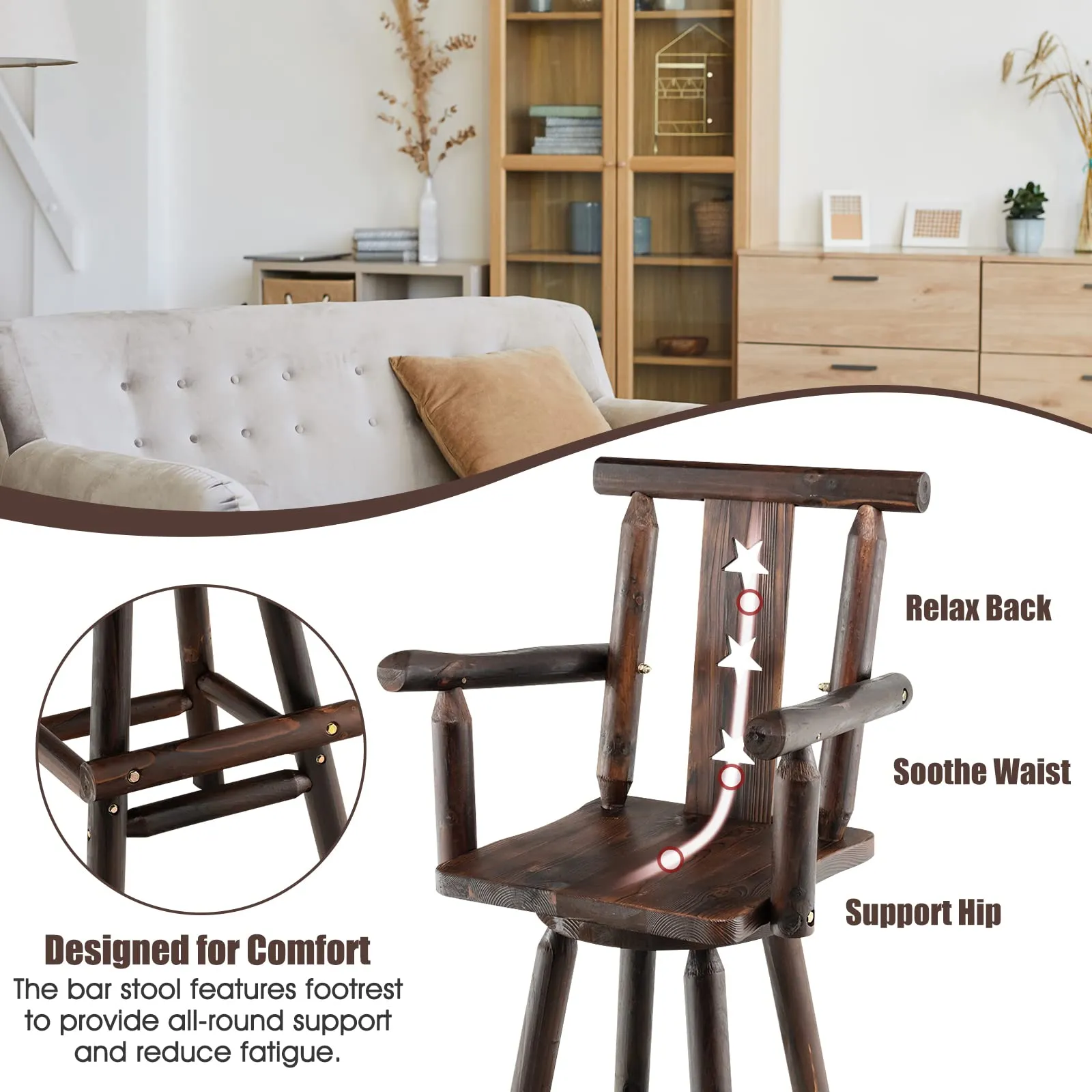 Brown Bar Stool, 29 Solid Fir Wood Bar Chair with Footrest, Decorative Star Backrest, Wide Armrest, Rustic Kitchen Stool