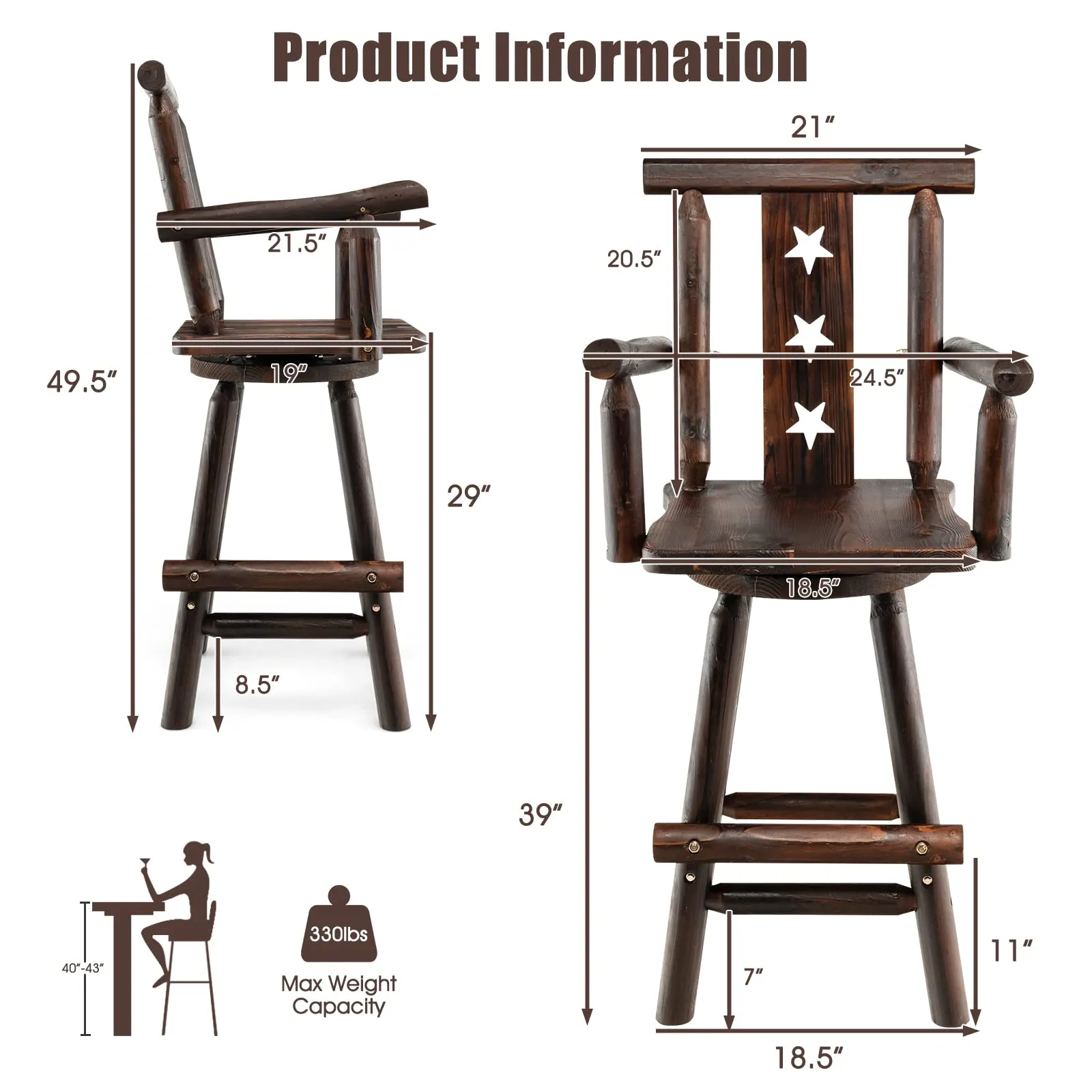 Brown Bar Stool, 29 Solid Fir Wood Bar Chair with Footrest, Decorative Star Backrest, Wide Armrest, Rustic Kitchen Stool