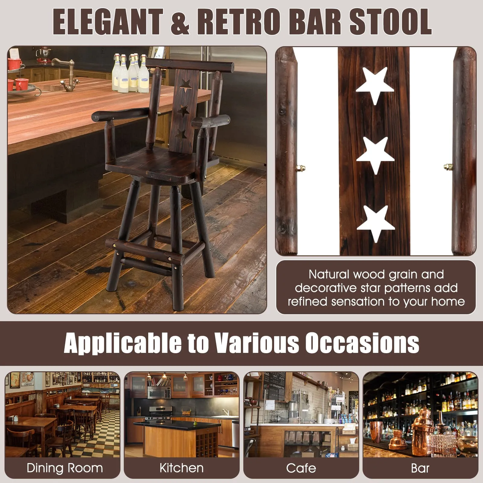 Brown Bar Stool, 29 Solid Fir Wood Bar Chair with Footrest, Decorative Star Backrest, Wide Armrest, Rustic Kitchen Stool