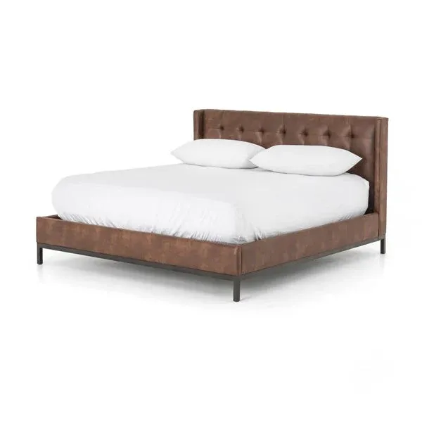 Brown Tufted Faux Leather Bed
