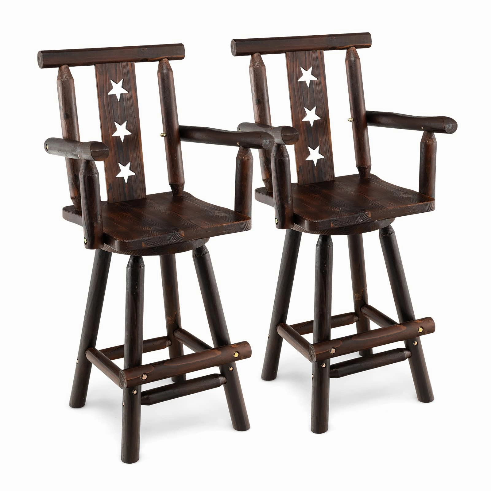 Brown Bar Stool, 29 Solid Fir Wood Bar Chair with Footrest, Decorative Star Backrest, Wide Armrest, Rustic Kitchen Stool kitchen barstool, adjustable bar stool