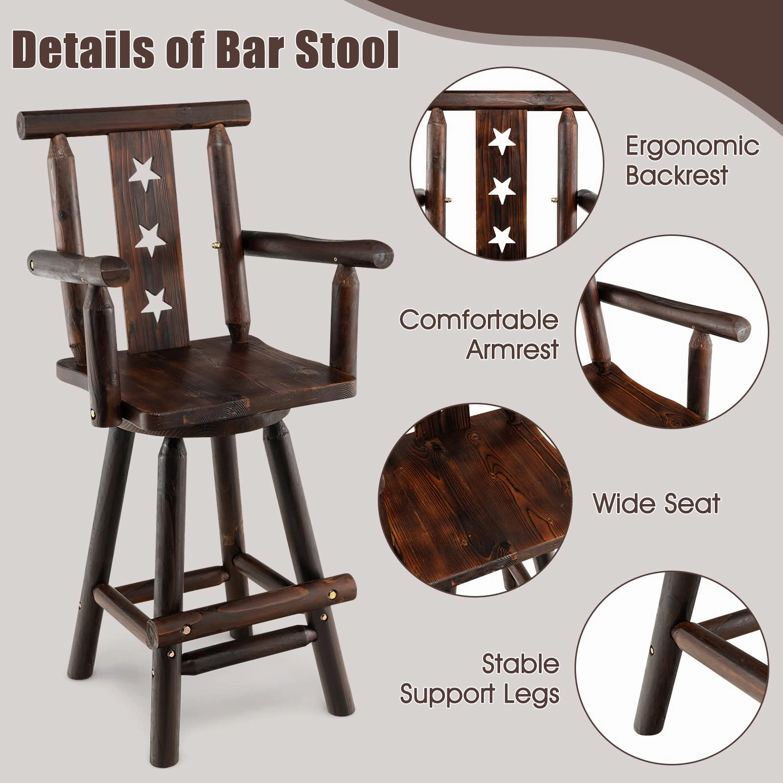 Brown Bar Stool, 29 Solid Fir Wood Bar Chair with Footrest, Decorative Star Backrest, Wide Armrest, Rustic Kitchen Stool