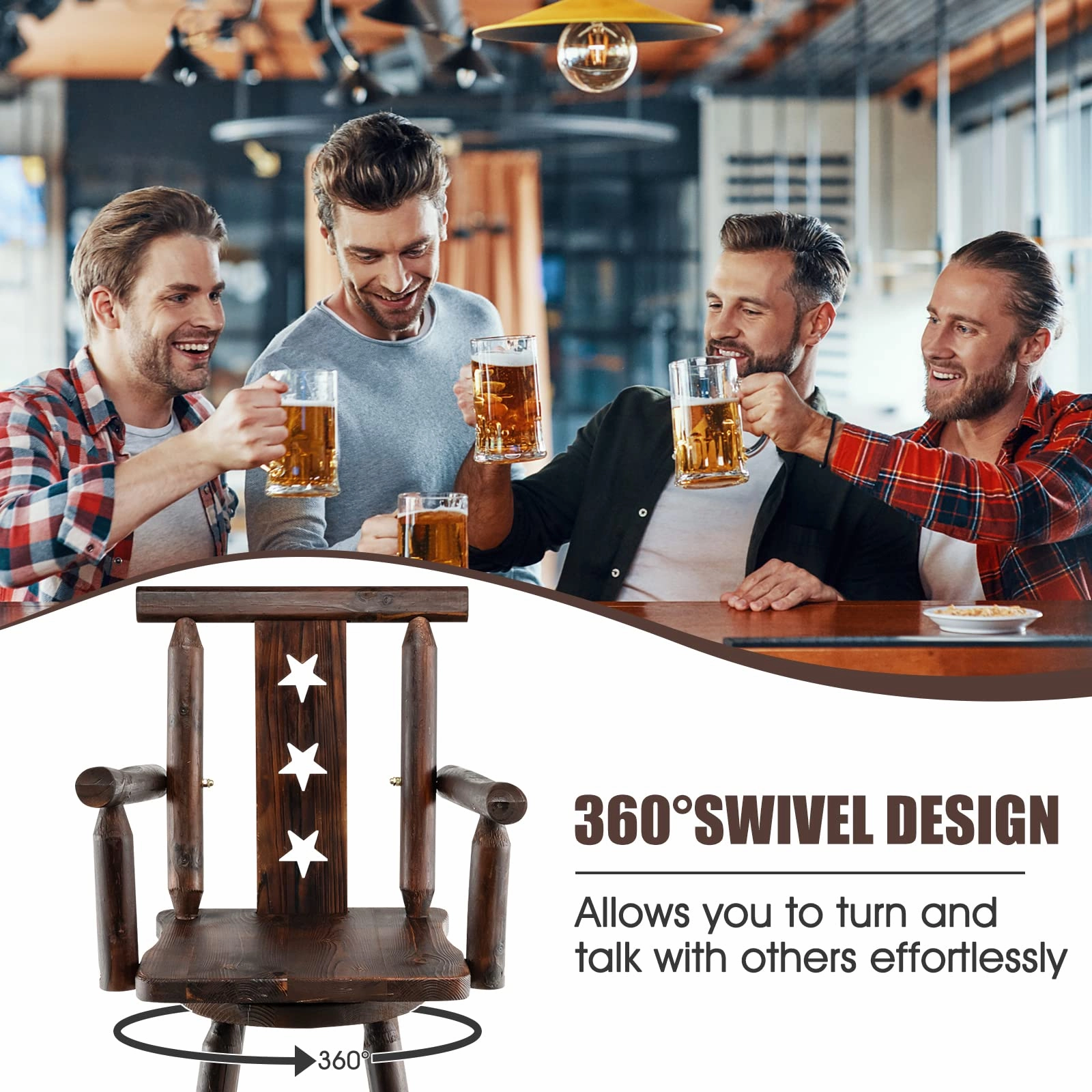 Brown Bar Stool, 29 Solid Fir Wood Bar Chair with Footrest, Decorative Star Backrest, Wide Armrest, Rustic Kitchen Stool