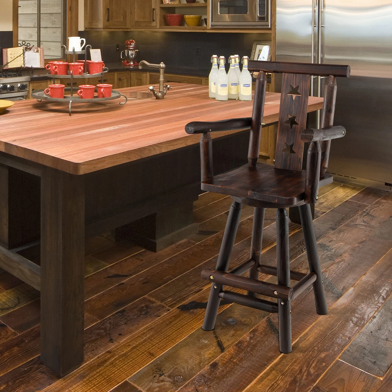 Brown Bar Stool, 29 Solid Fir Wood Bar Chair with Footrest, Decorative Star Backrest, Wide Armrest, Rustic Kitchen Stool
