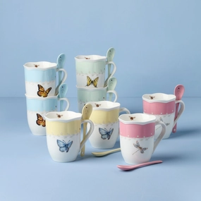 Butterfly Meadow Color Mugs With Spoons - Set of 8
