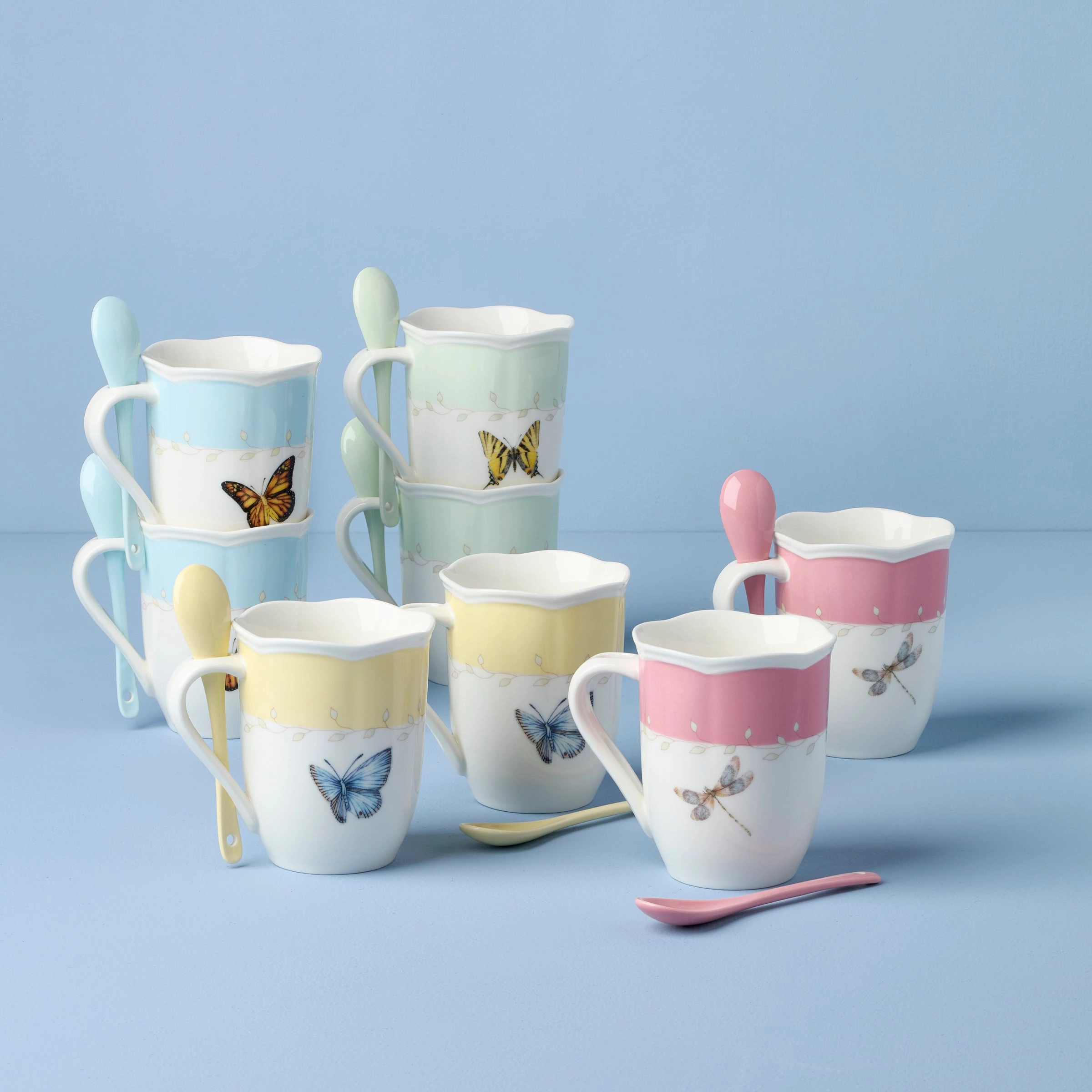 Butterfly Meadow Color Mugs With Spoons - Set of 8