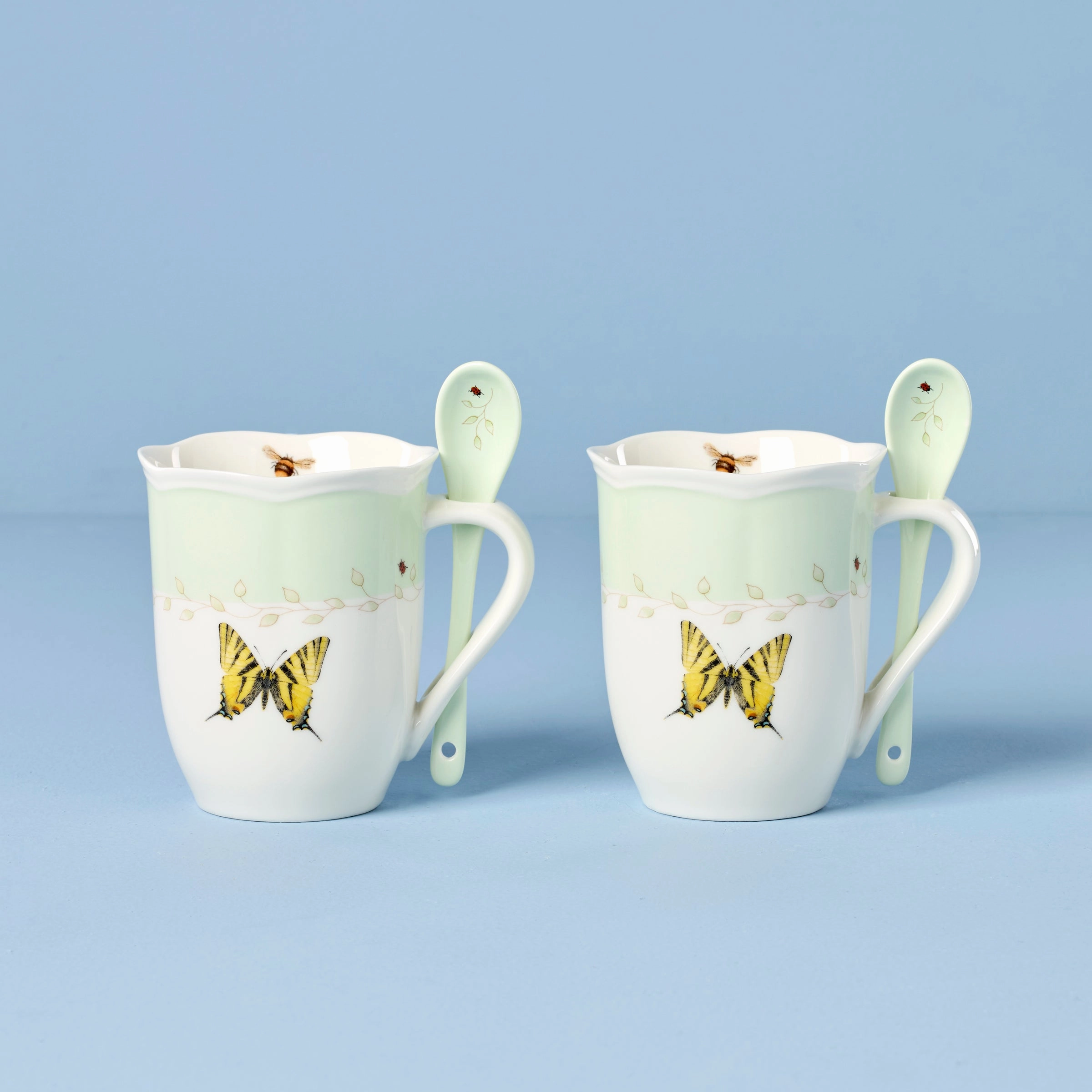 Butterfly Meadow Green Mugs With Spoons - Set of 2