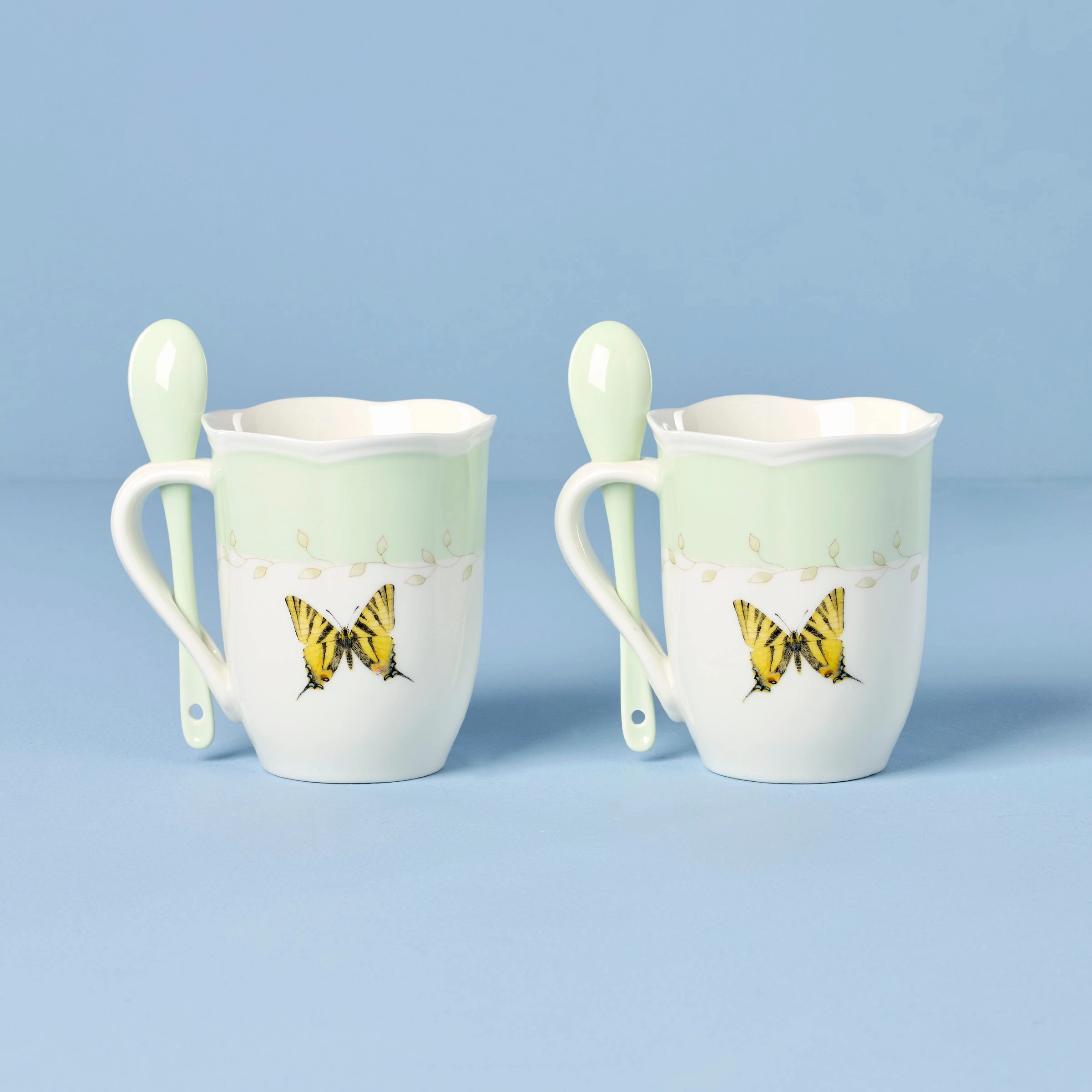 Butterfly Meadow Green Mugs With Spoons - Set of 2