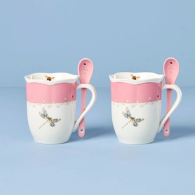 Butterfly Meadow Pink Mugs With Spoons - Set of 2