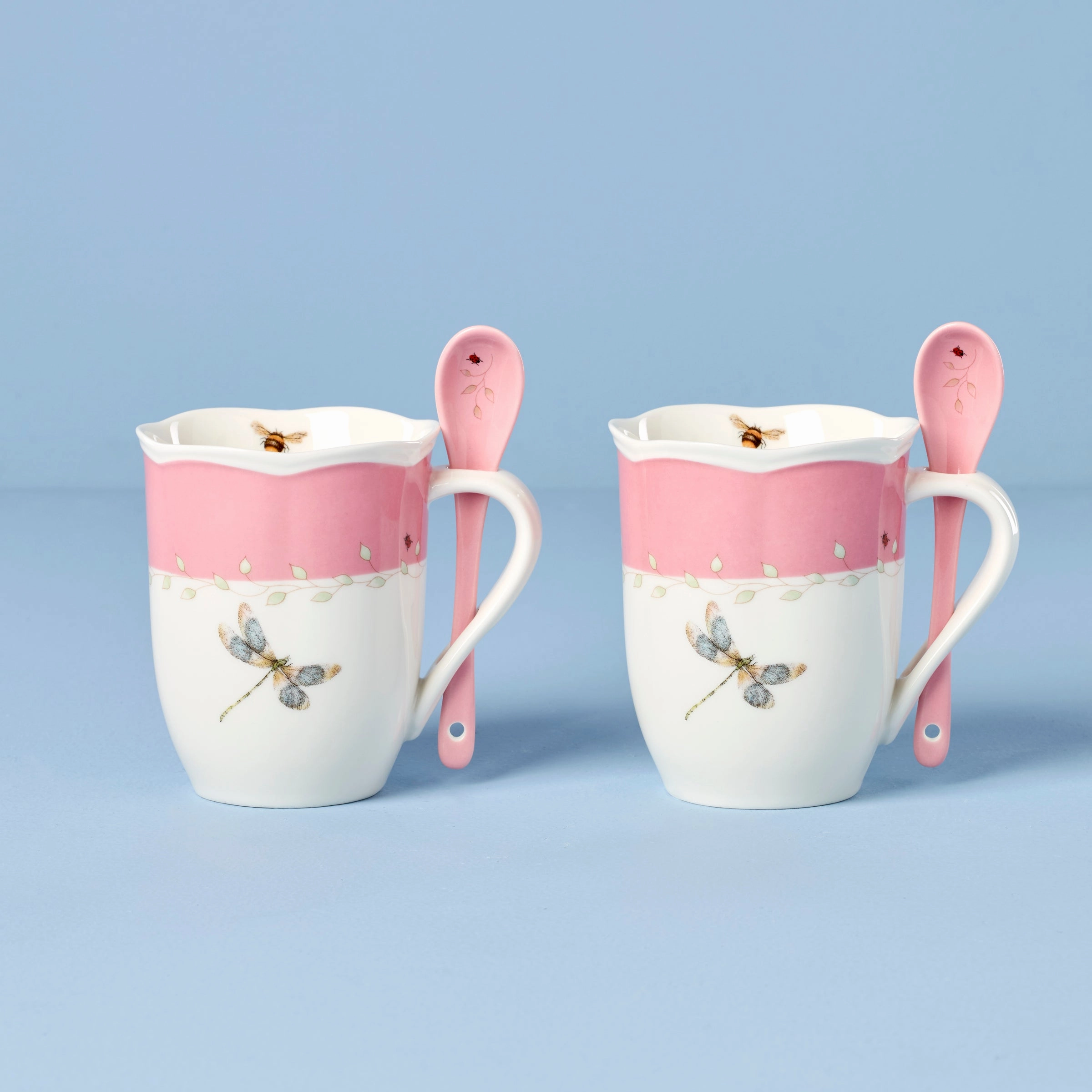 Butterfly Meadow Pink Mugs With Spoons - Set of 2