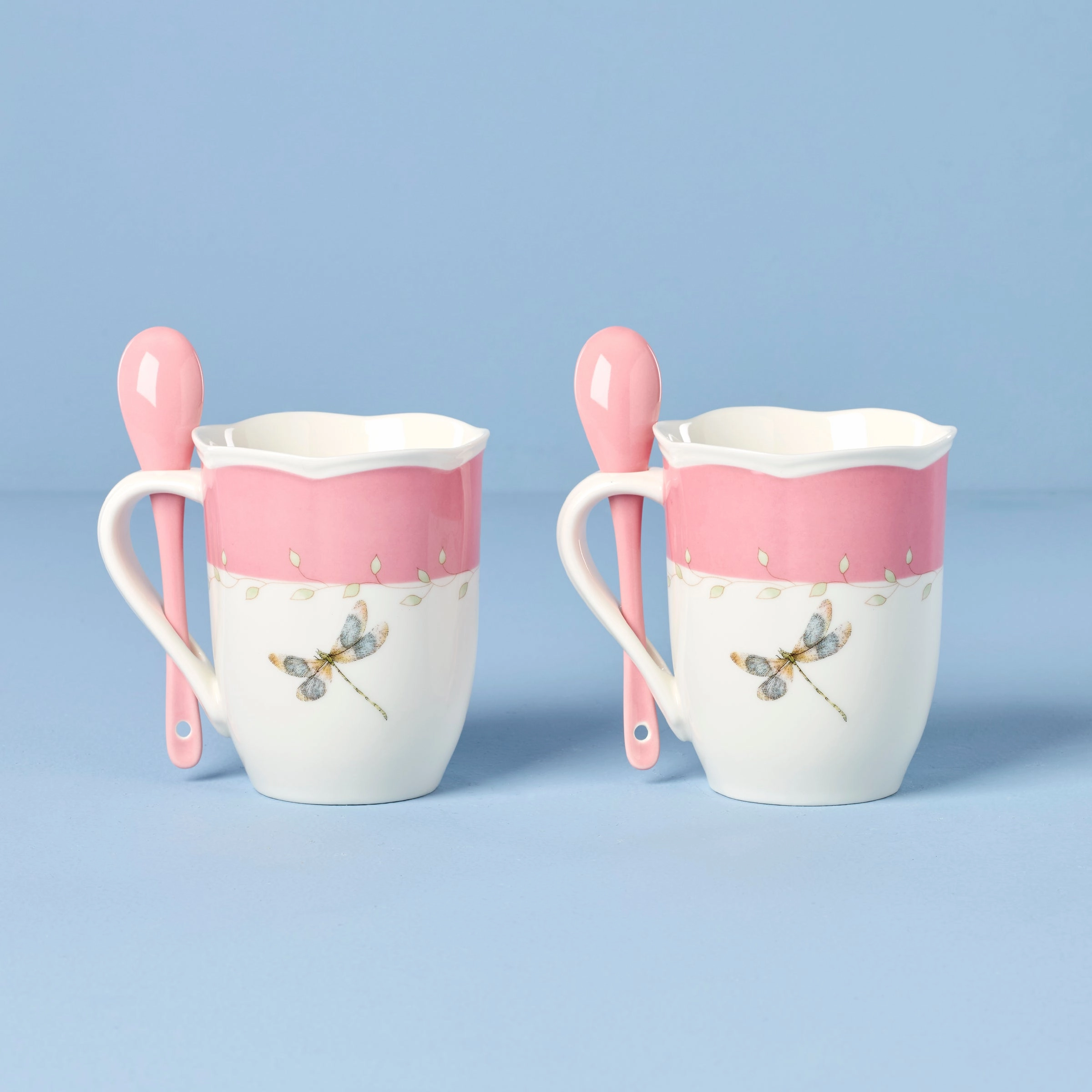 Butterfly Meadow Pink Mugs With Spoons - Set of 2