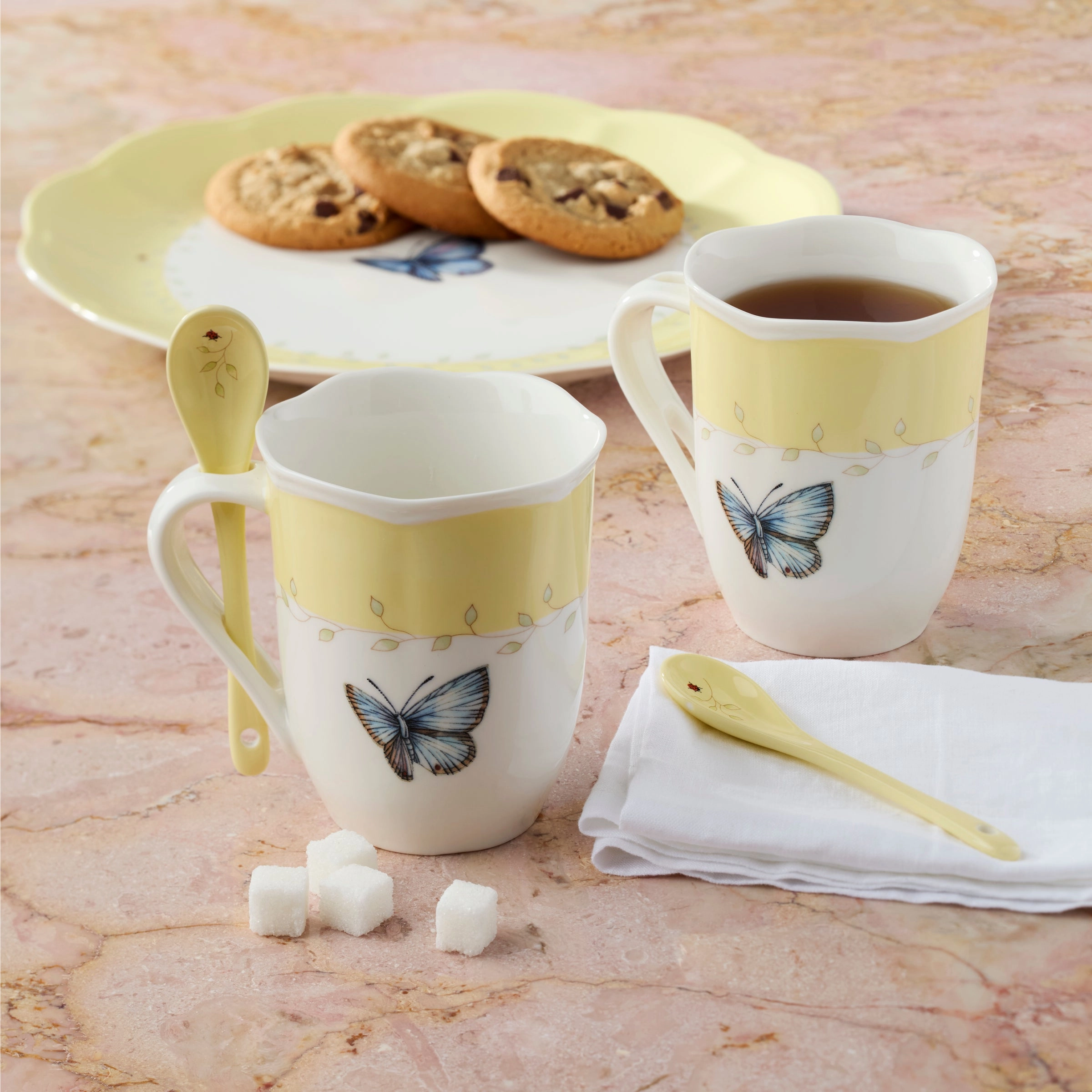 Butterfly Meadow Yellow Mugs With Spoons - Set of 2