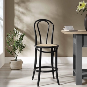 Camille Elm Wood and Rattan Bentwood Counter Stool, Black