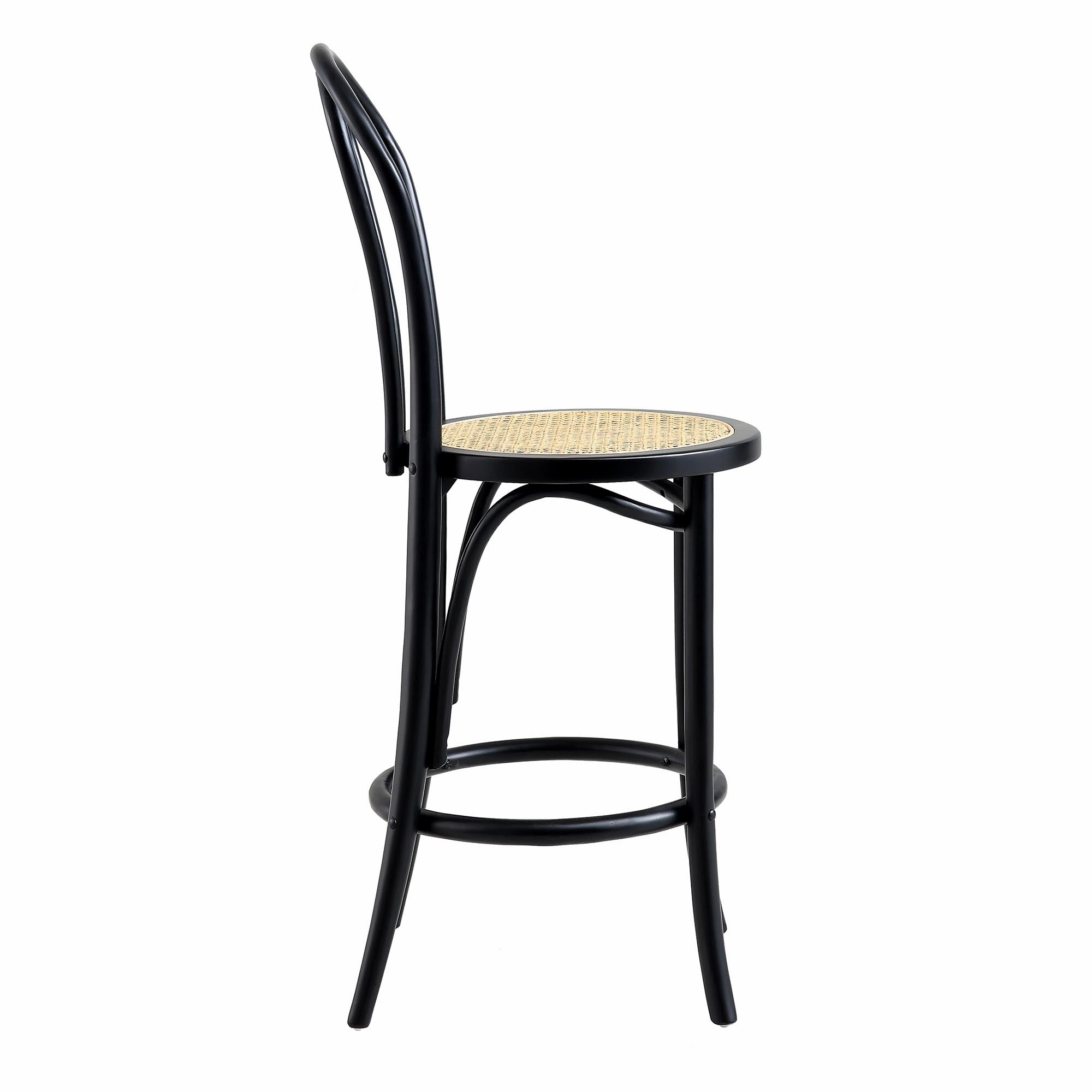 Camille Elm Wood and Rattan Bentwood Counter Stool, Black