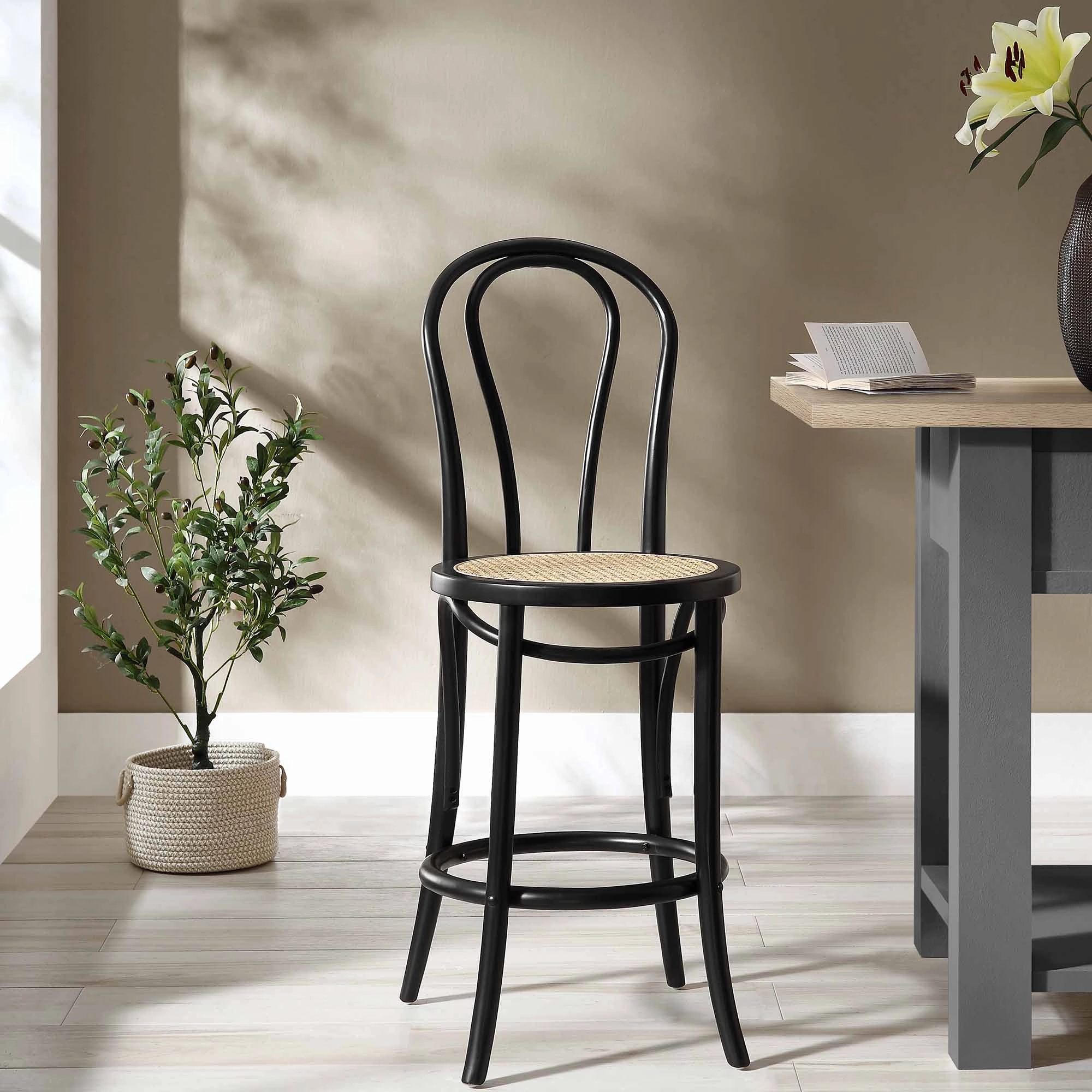 Camille Elm Wood and Rattan Bentwood Counter Stool, Black