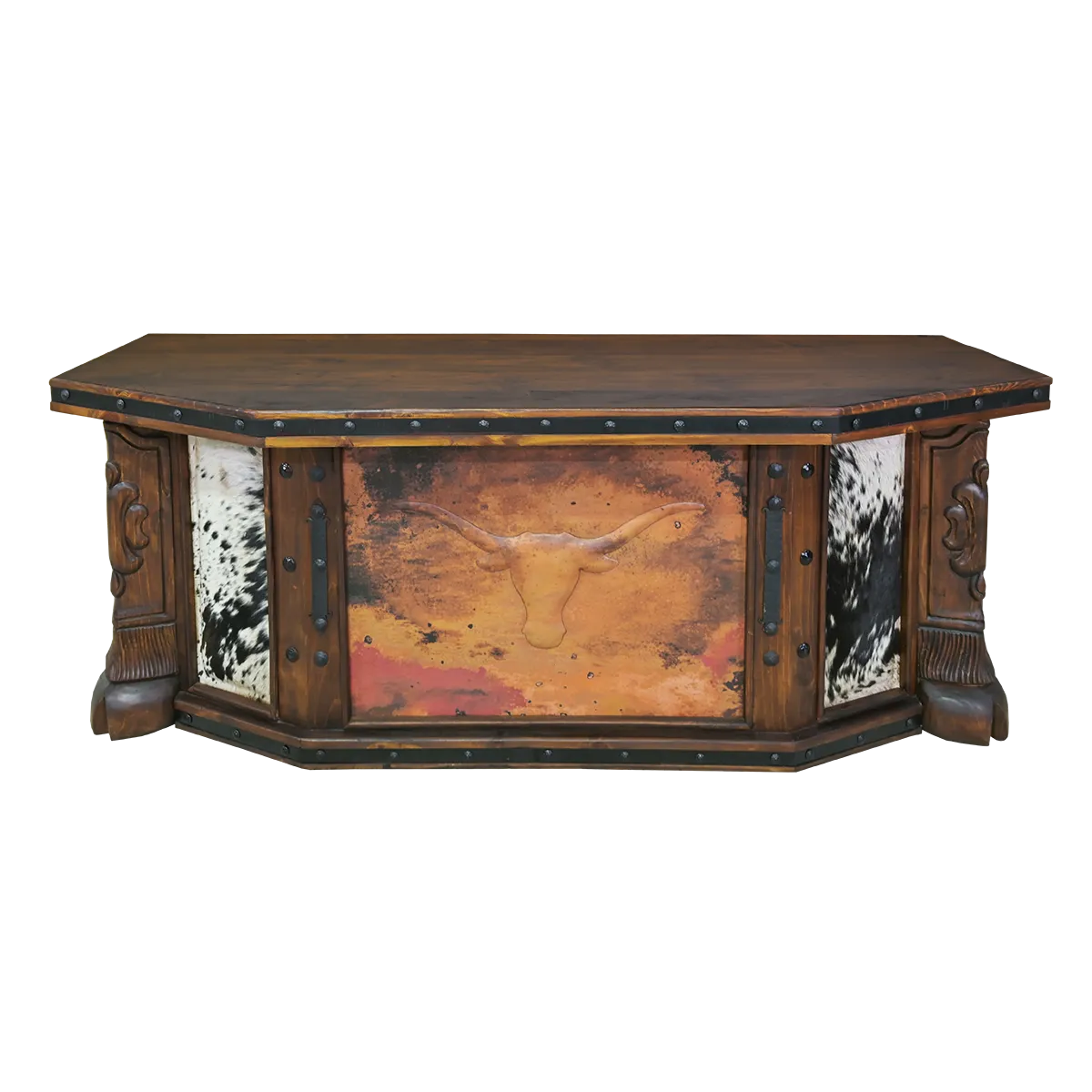 Carved Copper Panel & Cowhide Desk
