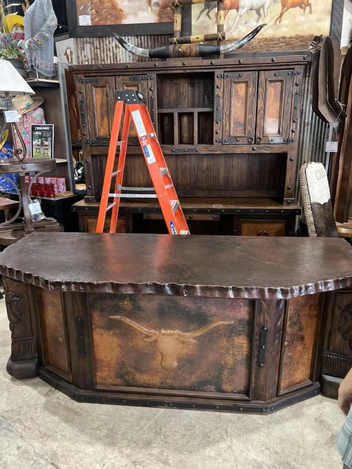 Carved Copper Panel & Cowhide Desk