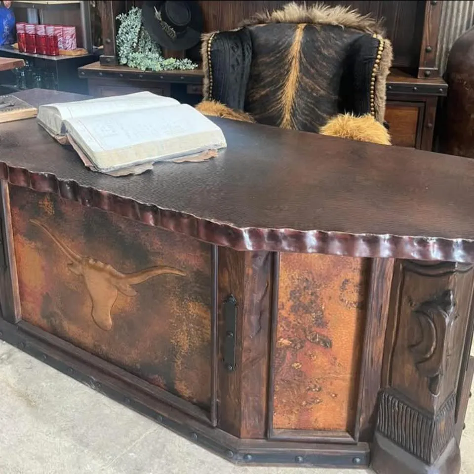 Carved Copper Panel & Cowhide Desk