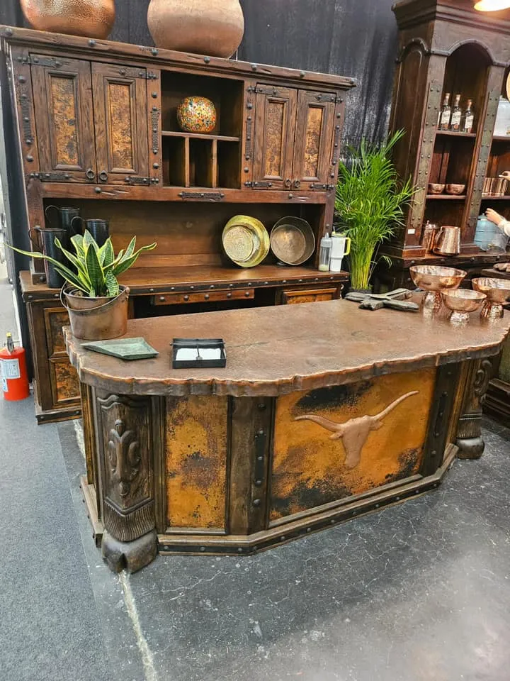 Carved Copper Panel & Cowhide Desk