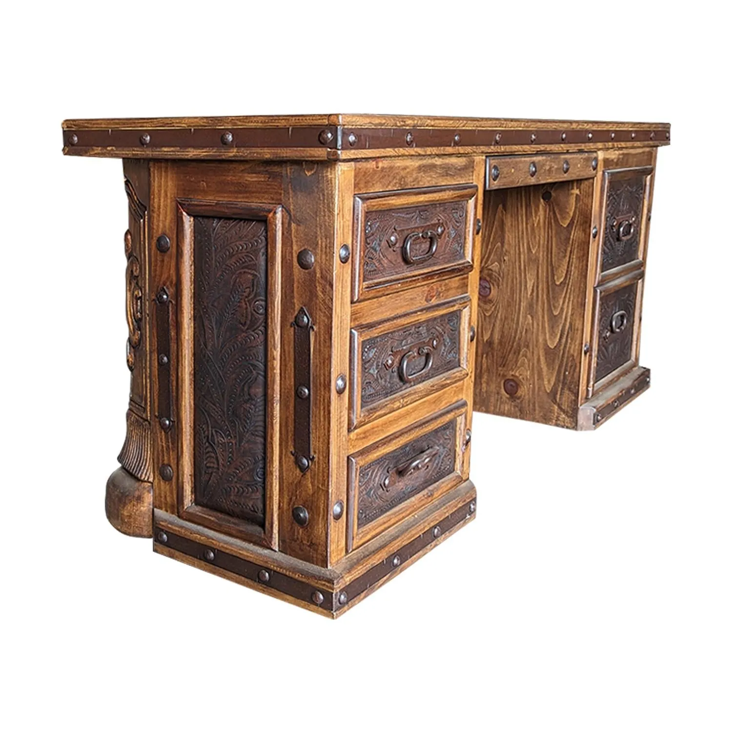 Carved Leather, Marble and Leather Desk