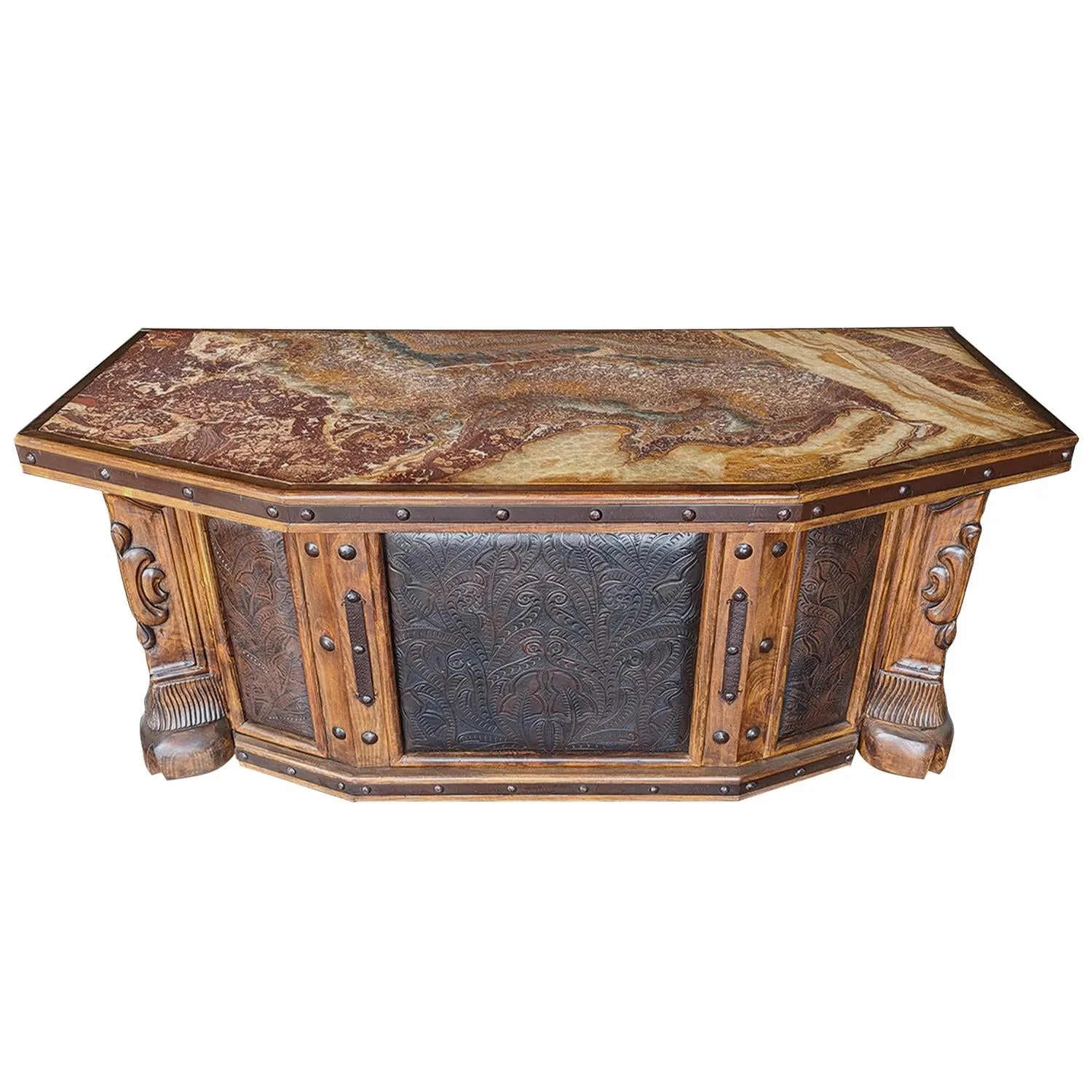 Carved Leather, Marble and Leather Desk