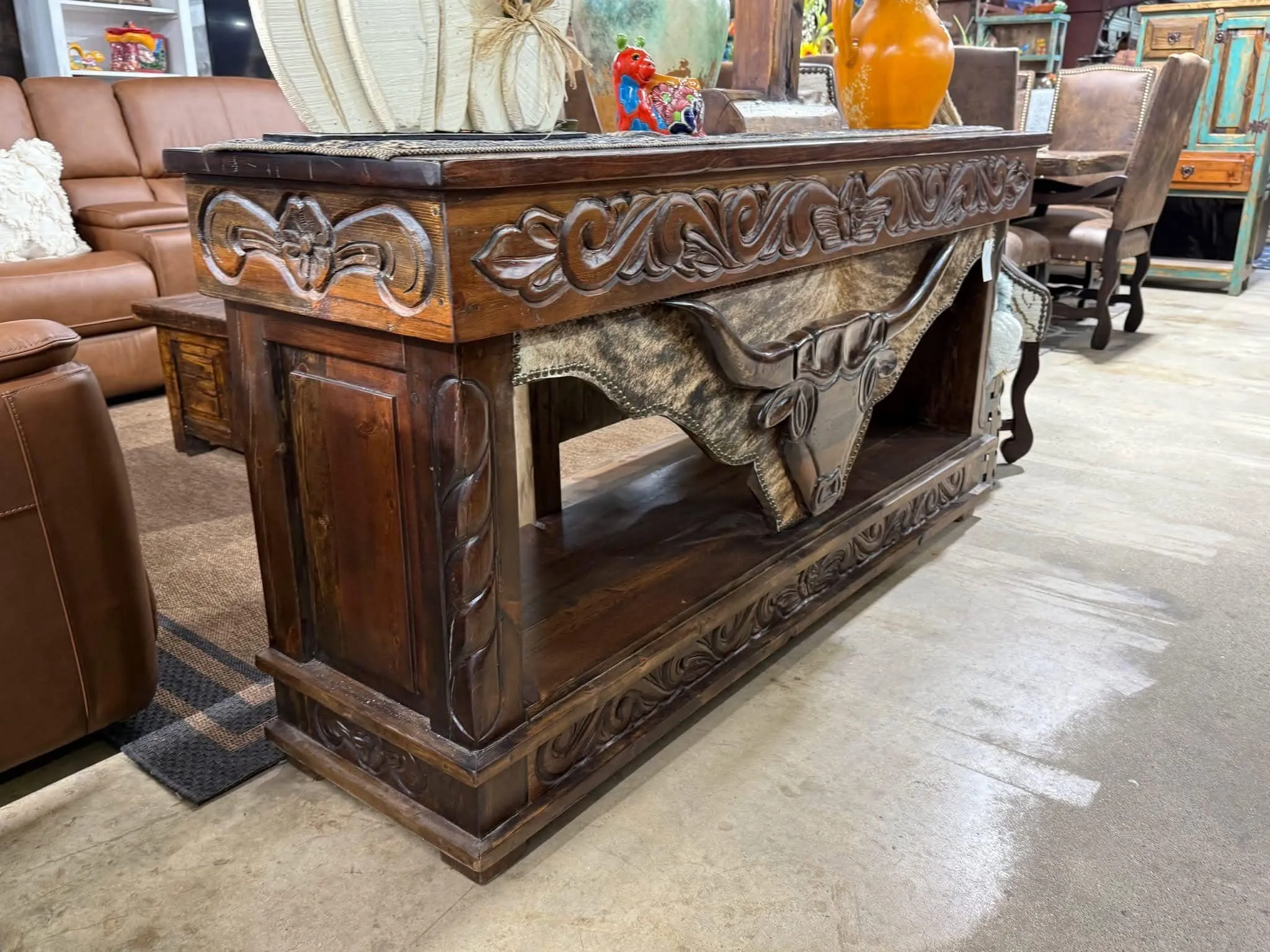 Carved Longhorn Storage Console Table
