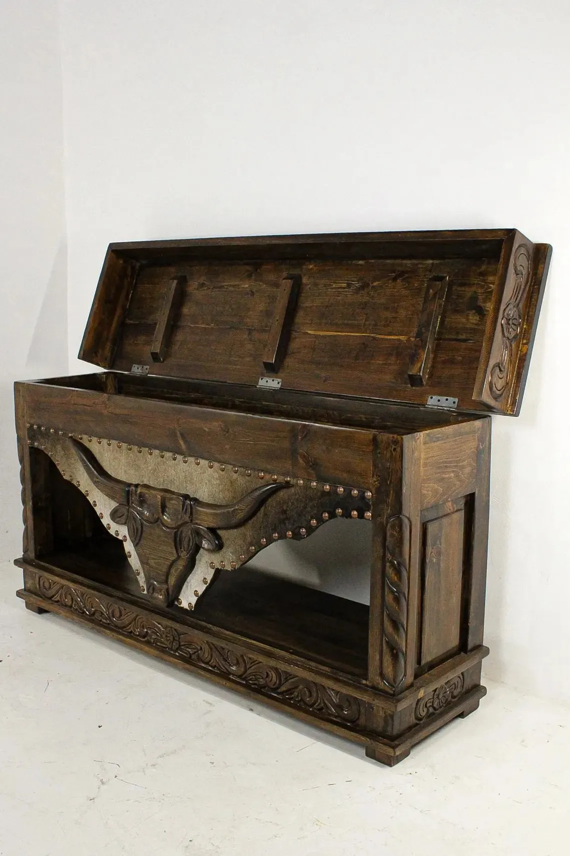 Carved Longhorn Storage Console Table