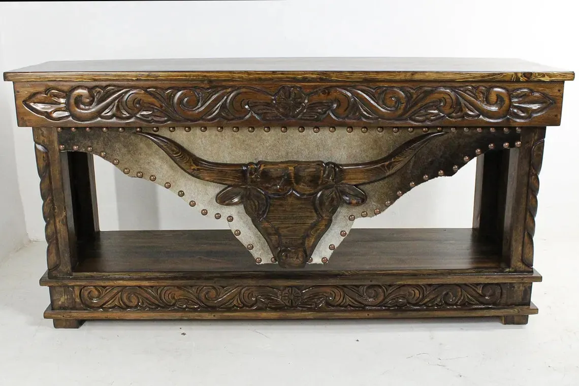 Carved Longhorn Storage Console Table