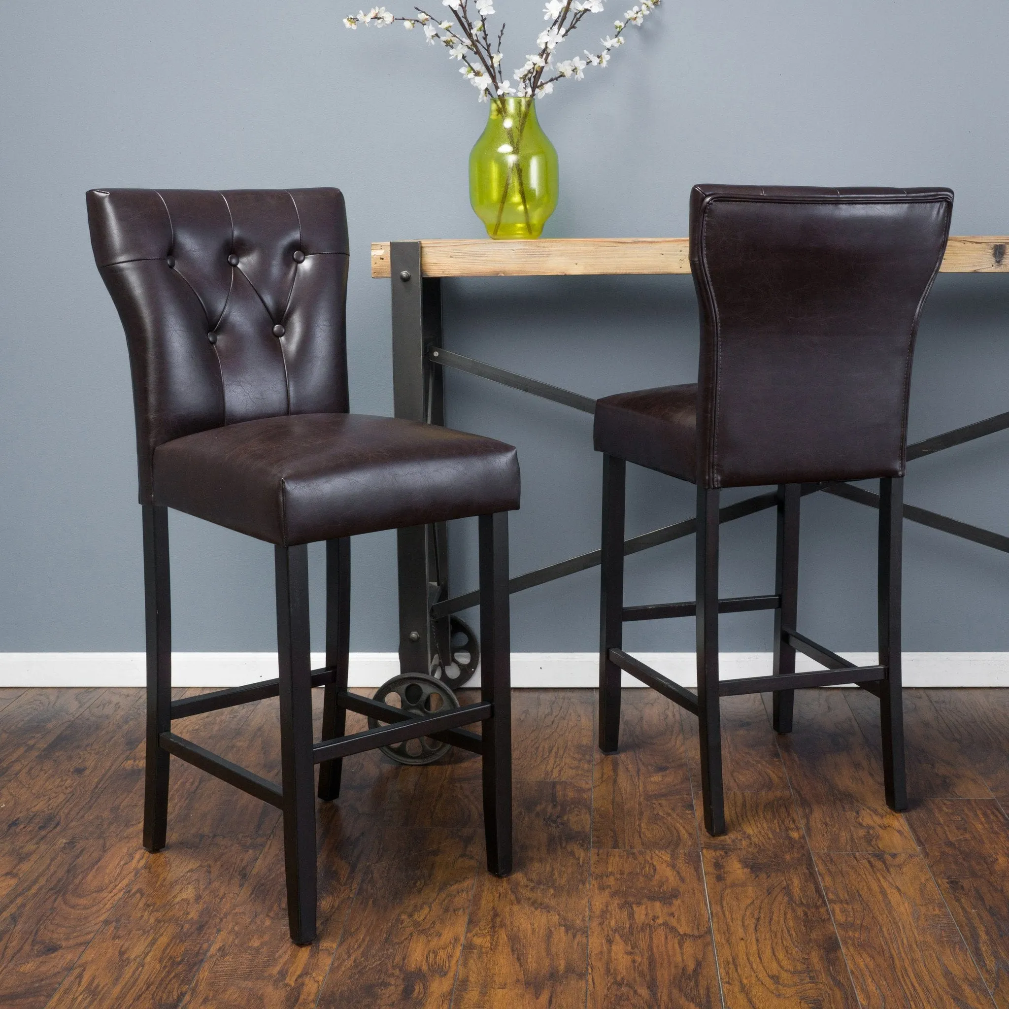 Contemporary Button Tufted Brown Leather Backed Barstools - NH246692 bar stool, counter stool