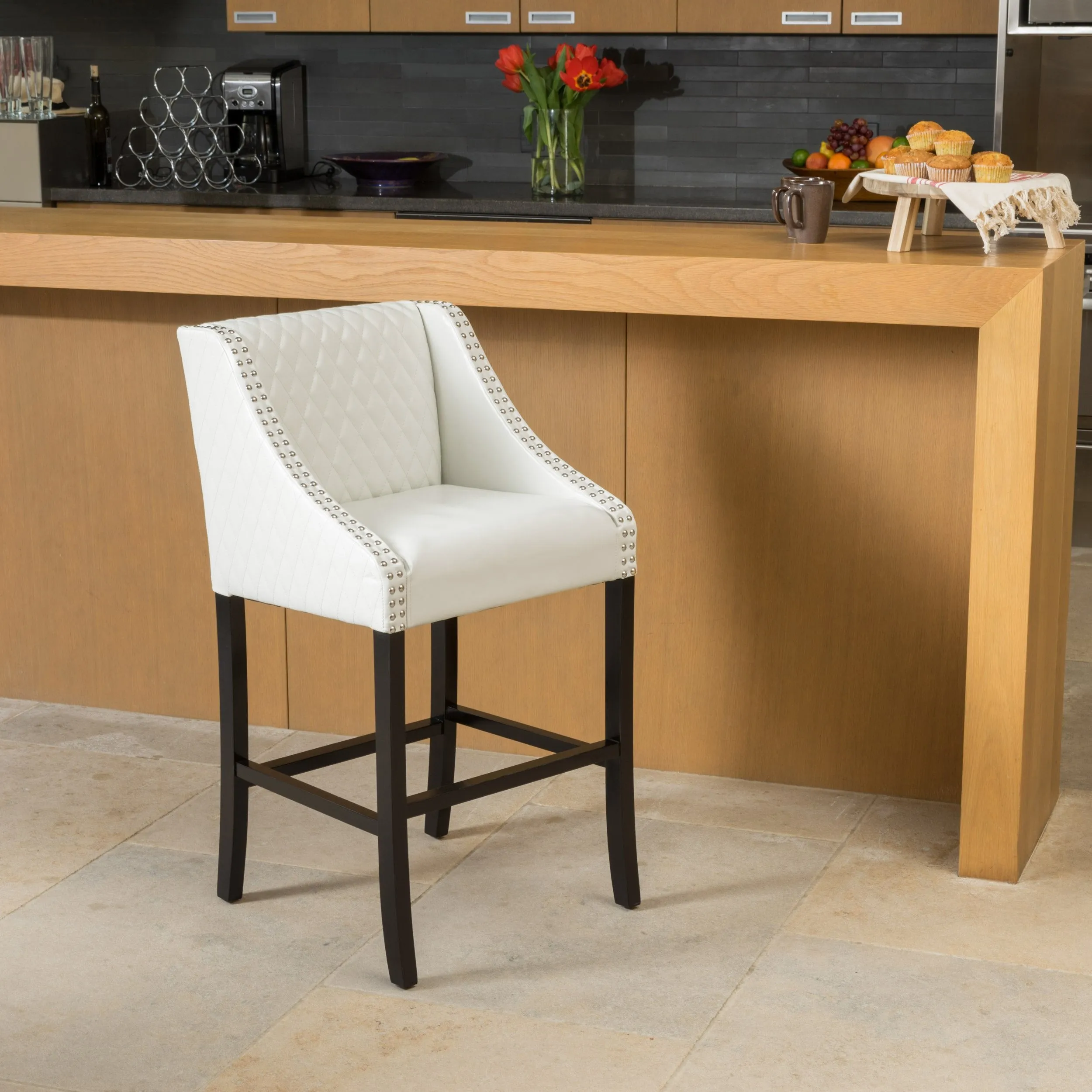 Contemporary Quilted Ivory Leather Counterstool with Nailhead Accents - NH927182 bar stool, counter stool
