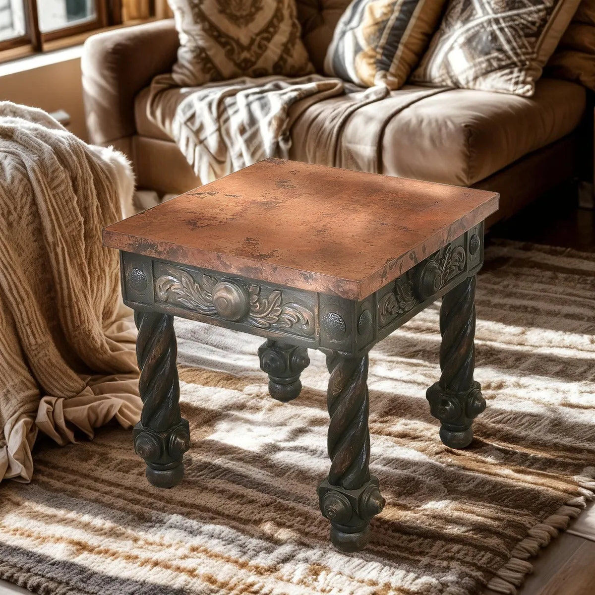 Copper Top Hand Carved End Table