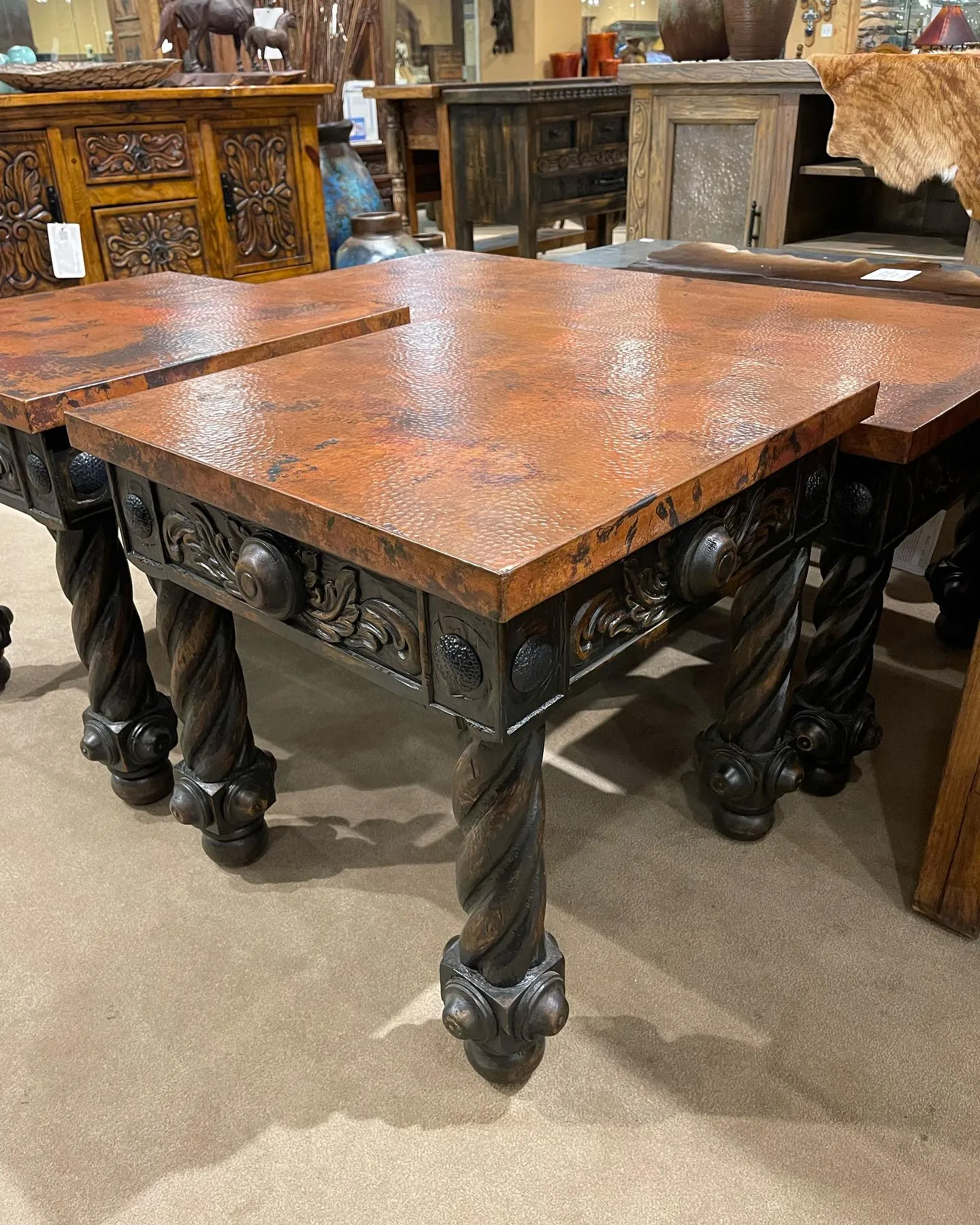 Copper Top Hand Carved End Table