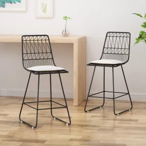 Counter Stools, 26" Seats, Modern, Geometric,  Black Iron Frames with Ivory Cushion (Set of 2) - NH406703 bar stool, counter stool