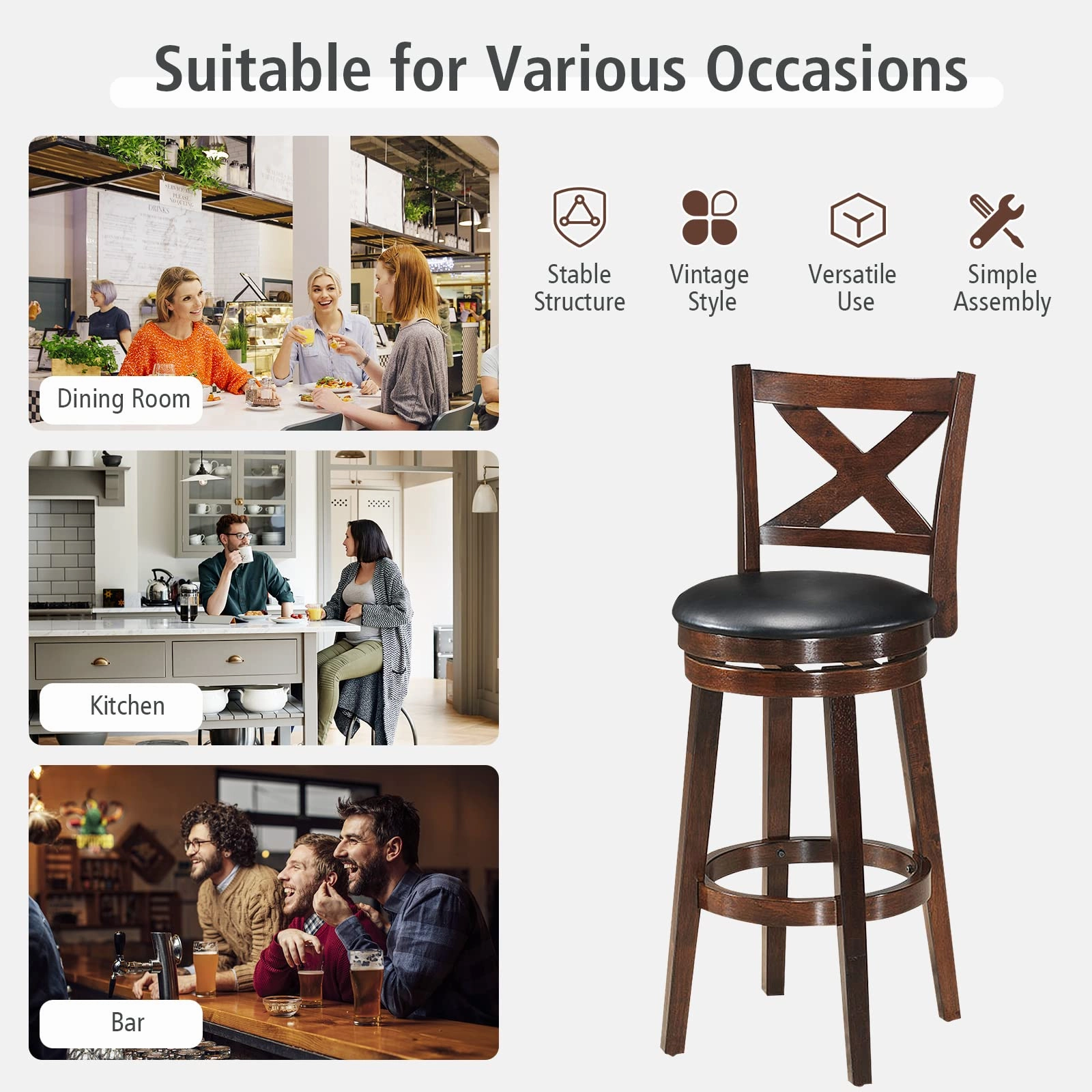 Counter Height Dining Chair, Fabric Upholstered 360 Degree Swivel, PVC Cushioned Seat, Perfect for Dining and Living Room