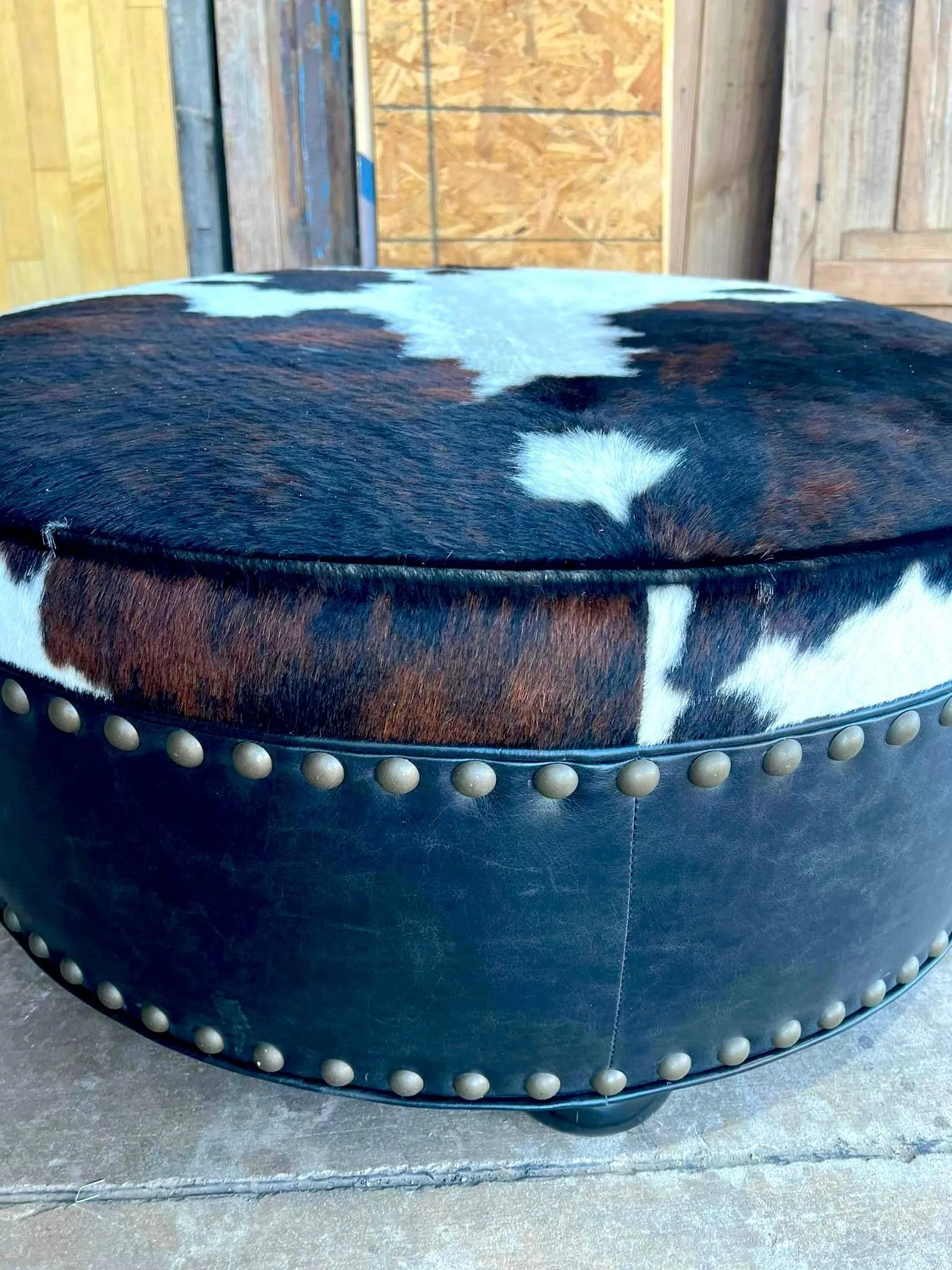 Cowhide & Distressed Black Chocolate Leather Ottoman