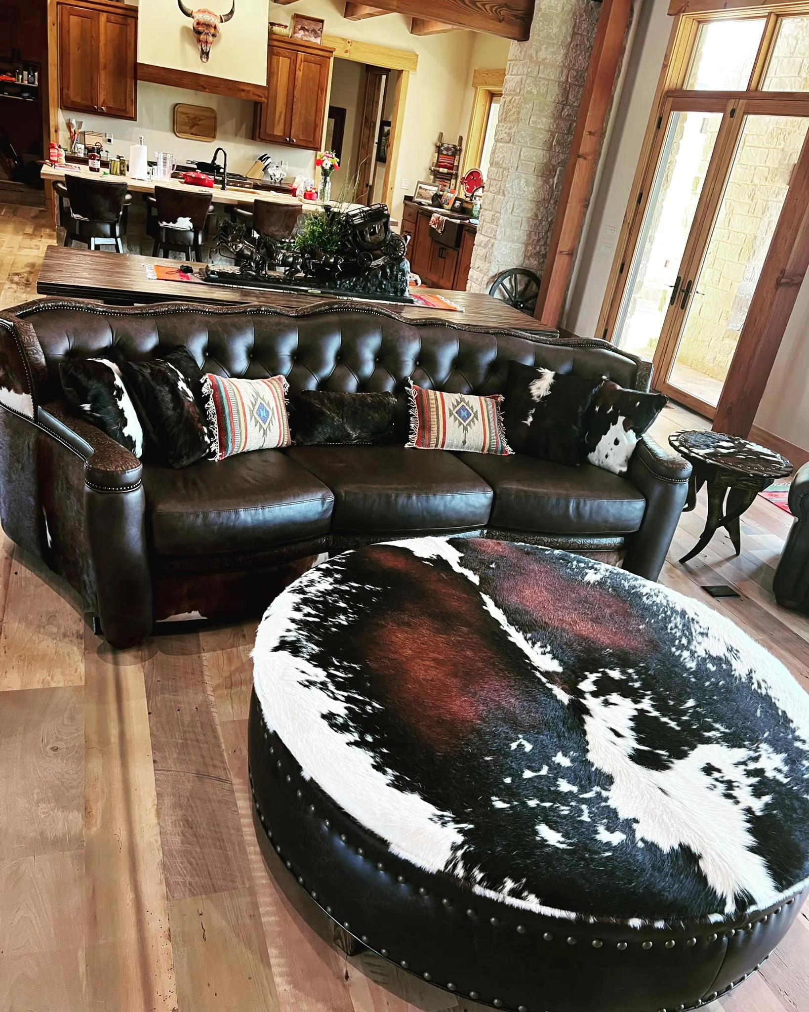 Cowhide & Distressed Black Chocolate Leather Ottoman