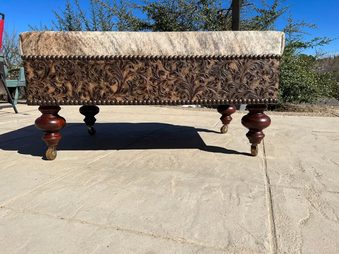 Cowhide & Embossed Leather Ottoman on Casters