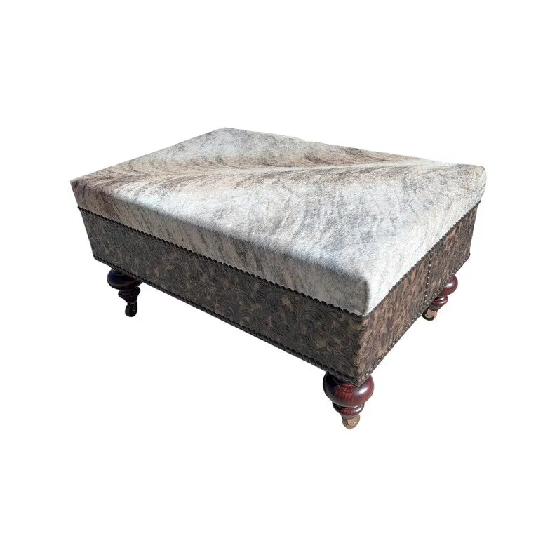 Cowhide & Embossed Leather Ottoman on Casters