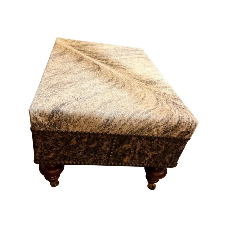 Cowhide & Embossed Leather Ottoman on Casters