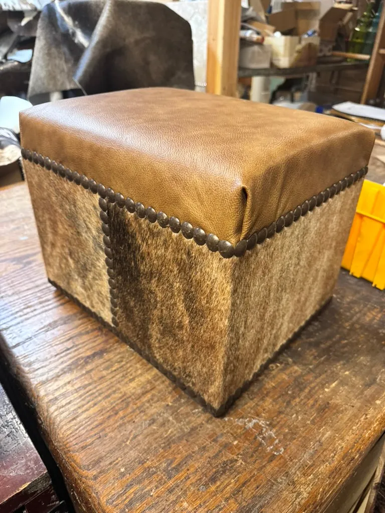 Cowhide Ottoman with Leather Top