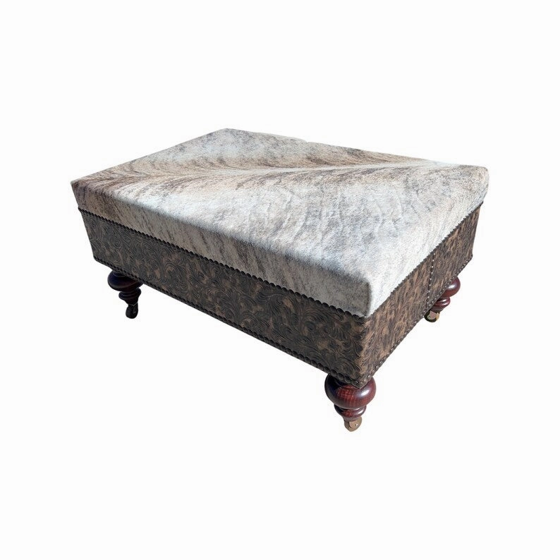 Cowhide & Embossed Leather Ottoman on Casters