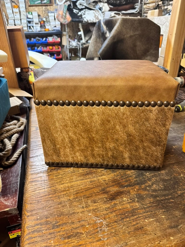 Cowhide Ottoman with Leather Top
