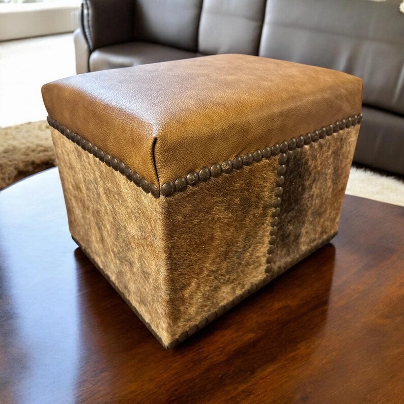 Cowhide Ottoman with Leather Top