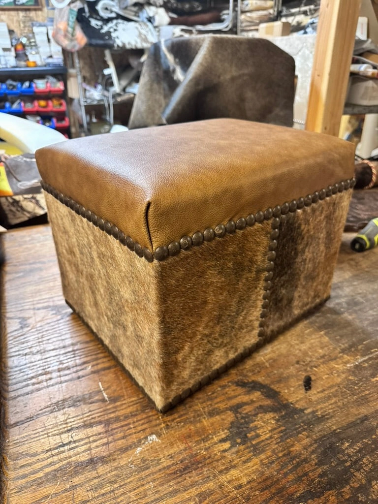 Cowhide Ottoman with Leather Top